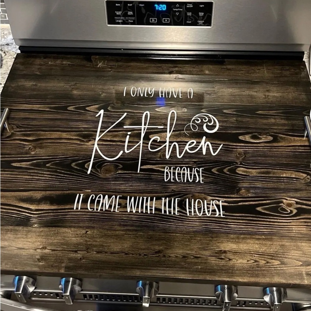 Wood stained stove top covers and wooden front door welcome signs
